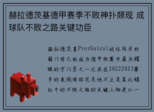 赫拉德茨基德甲赛季不败神扑频现 成球队不败之路关键功臣