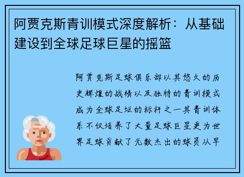 阿贾克斯青训模式深度解析:从基础建设到全球足球巨星的摇篮 阿贾克斯青训模式深度解析:从基础建设到全球足球巨星的摇篮