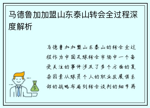 马德鲁加加盟山东泰山转会全过程深度解析