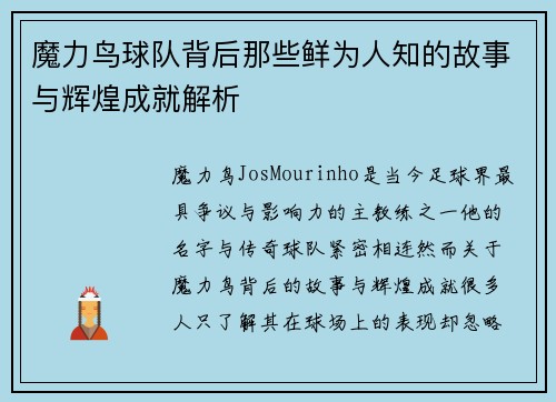 魔力鸟球队背后那些鲜为人知的故事与辉煌成就解析